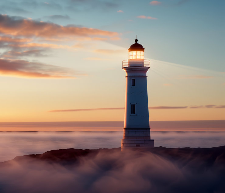 Ein Leuchtturm steht auf einem Felsen in der Nähe des Meeres, umgeben von Nebel. Der Himmel zeigt sanfte Farben eines Sonnenuntergangs mit Wolken, die warm beleuchtet sind. Das Licht des Leuchtturms strahlt in die Umgebung.