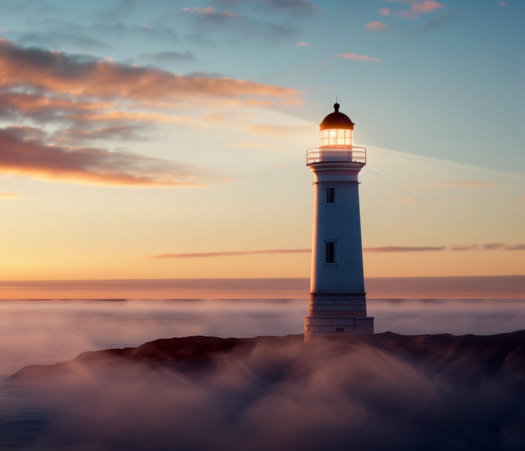 Ein Leuchtturm steht auf einem Felsen in der Nähe des Meeres, umgeben von Nebel. Der Himmel zeigt sanfte Farben eines Sonnenuntergangs mit Wolken, die warm beleuchtet sind. Das Licht des Leuchtturms strahlt in die Umgebung.