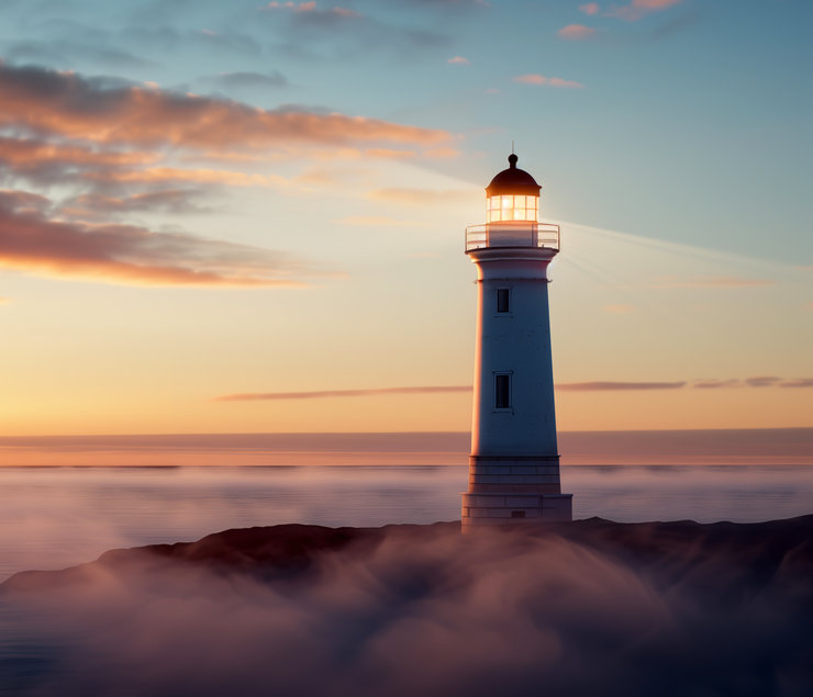 Ein Leuchtturm steht auf einem Felsen in der Nähe des Meeres, umgeben von Nebel. Der Himmel zeigt sanfte Farben eines Sonnenuntergangs mit Wolken, die warm beleuchtet sind. Das Licht des Leuchtturms strahlt in die Umgebung.